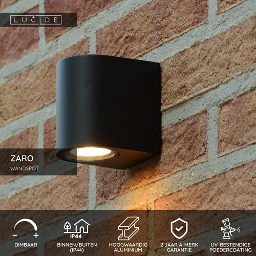 Lucide ZARO - Wandspot / Wandlamp Binnen/Buiten - 1xGU10 - IP44 - Zwart - USP